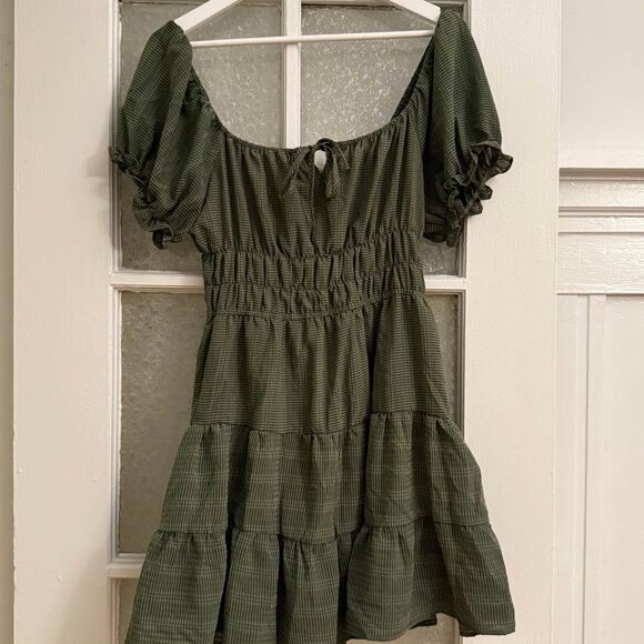 Liberty Love Olive Green Smocked Tiered Mini Dress – Large - Cottagecore Style - Picture 1 of 3